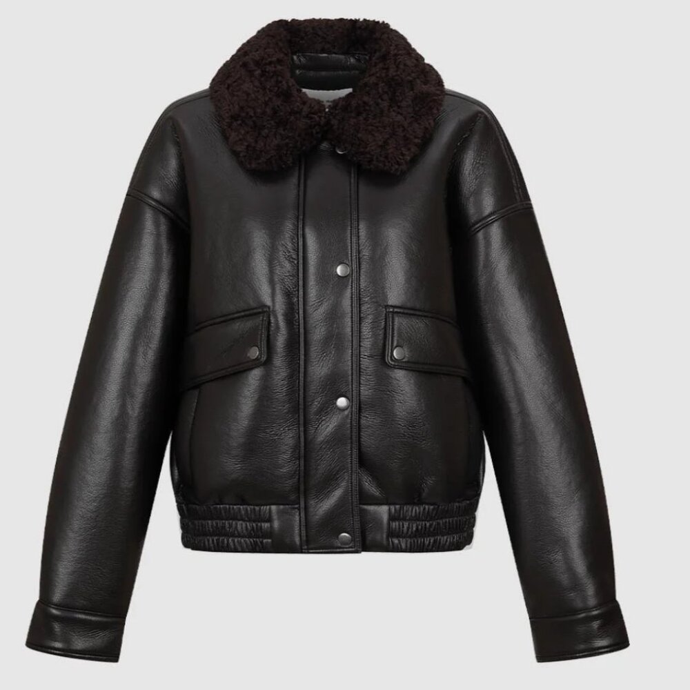 Faux Shearling Chocolate Brown Oversized Leather Jacket - NWOT